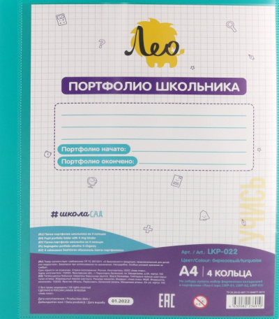 Папка-портфолио школьника на 4 кольцах Учись, A4, бирюзовая