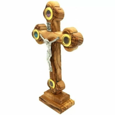 Подлинный оливковый деревянный благословенный православный крест + подставка с элементами Святой Земли: Мирра, благовония, земля Иерусалима, ручная работа креста из Иерусалима