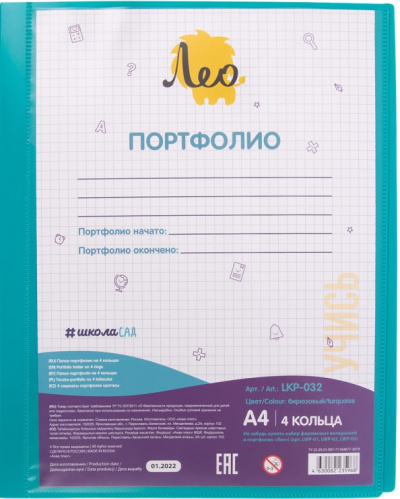 Папка-портфолио на 4 кольцах Учись, A4, бирюзовая